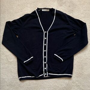 Jaeger 100% Cotton Classic Navy Cardigan with White Accents